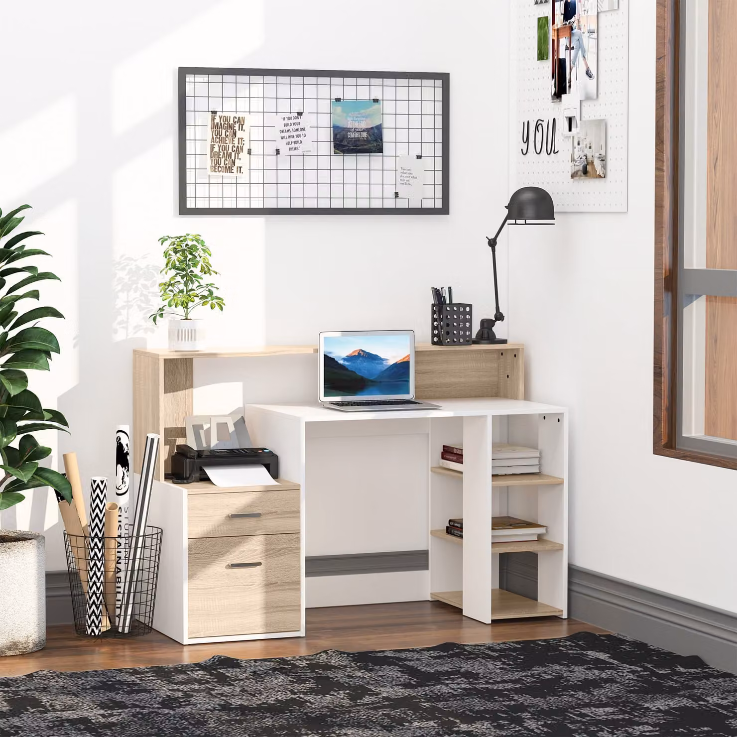 HOMCOM Modern Computer Desk and Home Office Workstation in Oak and White – 2