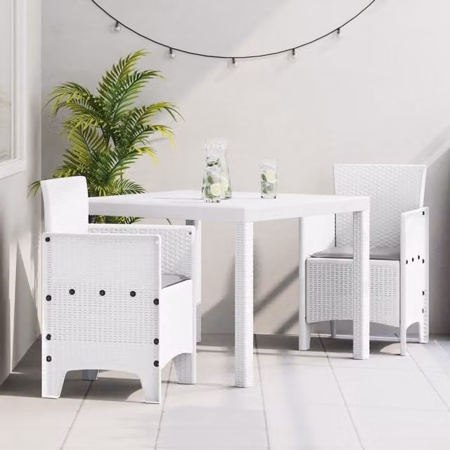 Berkfield Home 3 Piece White Poly Rattan Garden Dining Set with Cushions