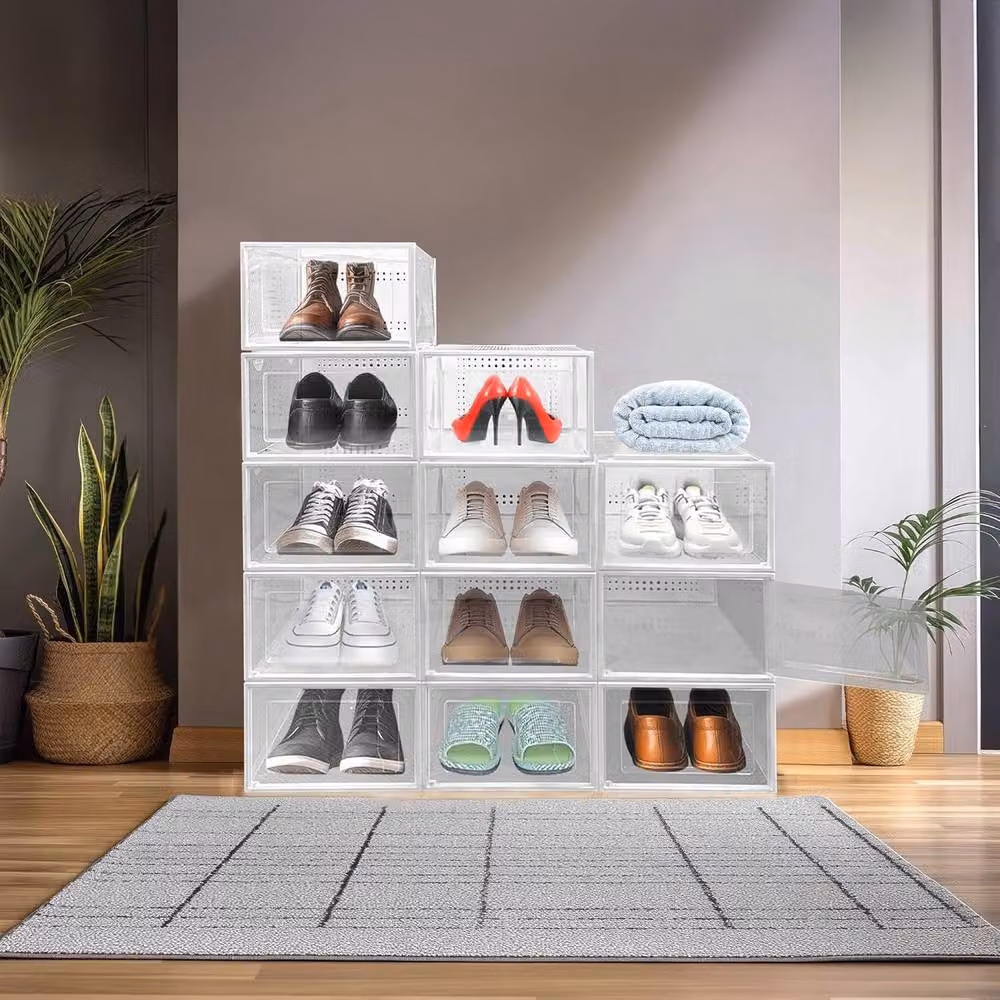 BARGAINS-GALORE 12-Piece Stackable and Foldable Clear Plastic Large Shoe Organiser Boxes – 2