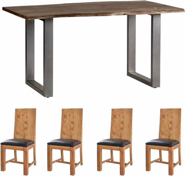 IH Design Essential Live Edge Acacia Wood Dining Set with 4 Chairs in Grey and Black, W: 150 cm