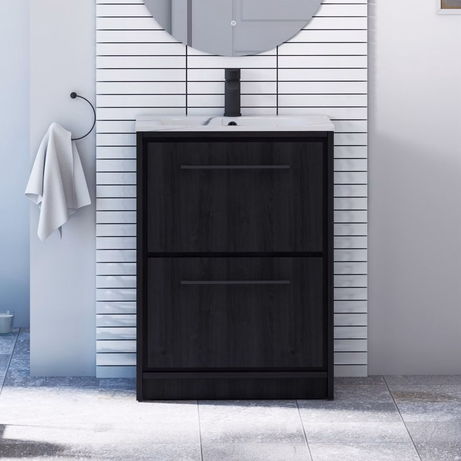 Royal Bathrooms Livora 600mm Black Woodgrain Floor Standing 2 Drawer Vanity Unit with Carrara White Basin and Matt Black Handle