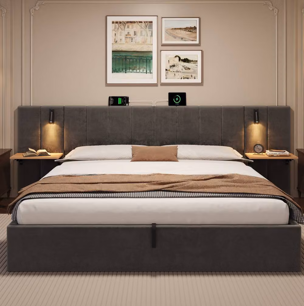 STILVORA Super King Ottoman Bed with Storage, USB Charging Port and Integrated Reading Light in Grey Velvet, W/D/H: 180 x 200 cm – 3