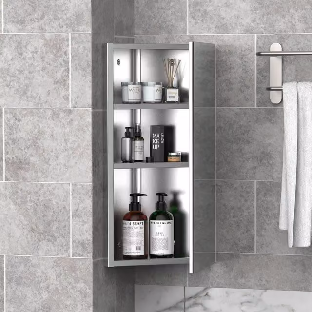 HOMCOM Modern Wall Mounted Silver Bathroom Mirror Cabinet with Internal Shelves and Hinged Glass Doors