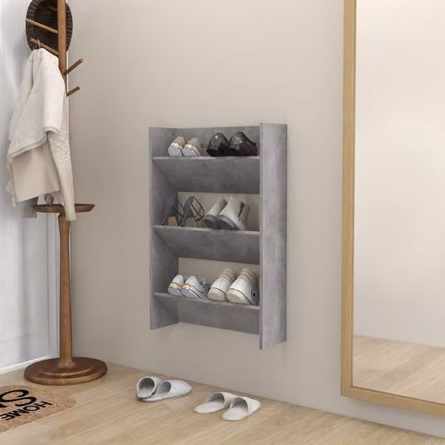 Berkfield Home Wall Mounted Shoe Cabinet in Concrete Grey, W/D/H: 60 x 18 x 90 cm
