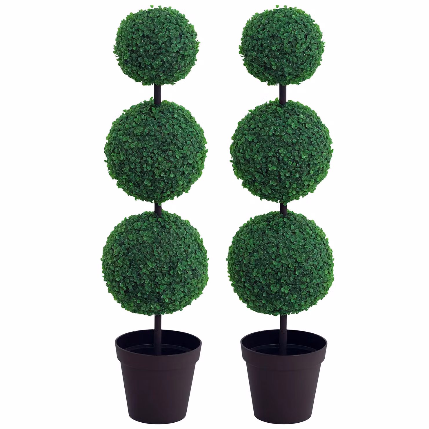 OUTSUNNY 2 Piece Artificial Green Boxwood Three Balls Potted Trees in Black Concrete Pots – 2
