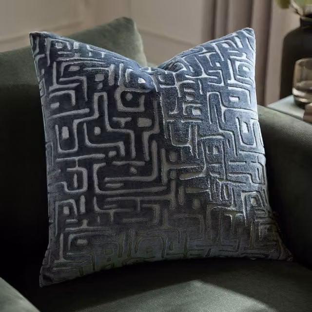 HOEM Soren Blue Cut Velvet Abstract Square Cushion, W/D/H: 45 x 45 x 45 cm