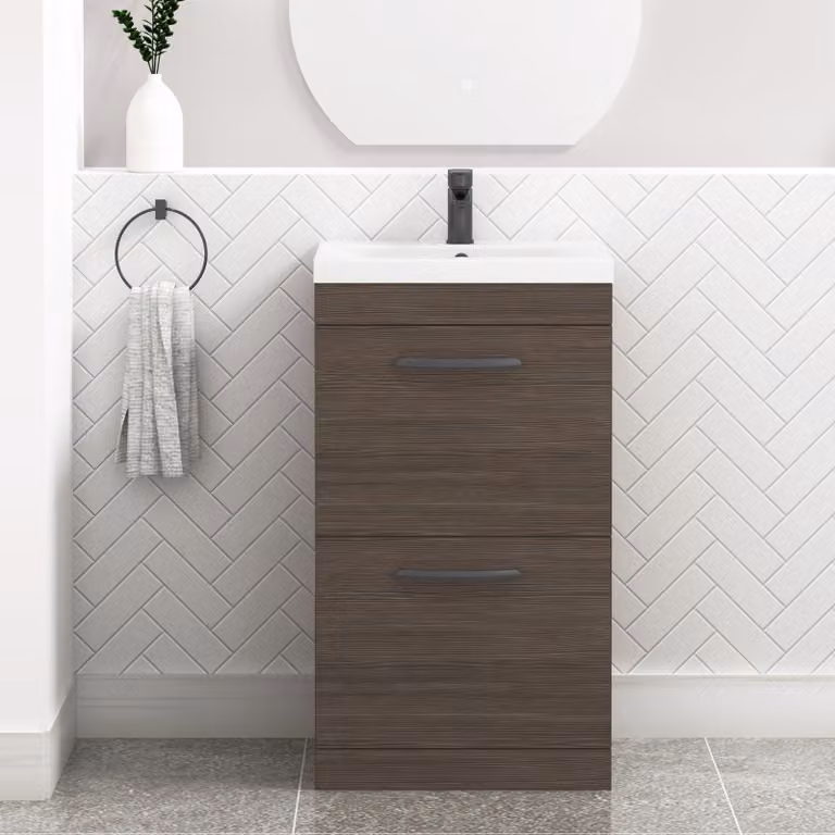 Royal Bathrooms Turin 500mm Floor Standing 2 Drawer Mid-Edge Basin Vanity Unit in Grey Elm with Matt Black Handles