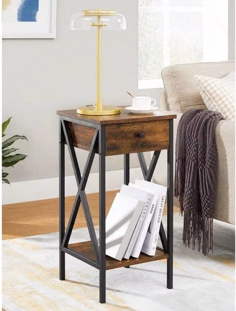 VASAGLE Industrial Rustic Bedside Table in Bronze and Brown