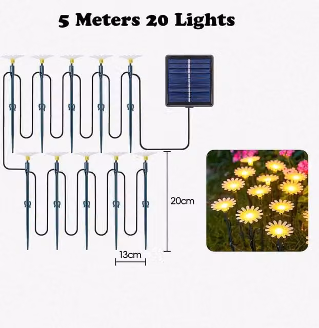Quipulse 20-Pack Solar-Powered Daisy-Shaped Ground Spike Lights in Black with Warm White LED Effect – 1