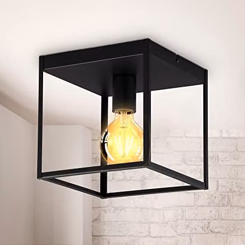 B.K.Licht Industrial Cube Ceiling Light, Black Metal, E27 Socket, Side: 22 cm
