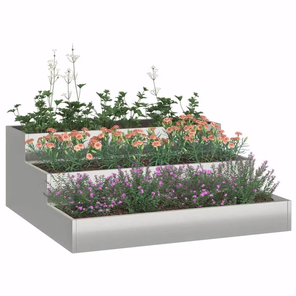Berkfield Home 3-Tier Galvanised Steel Garden Planter in Grey, W/D/H: 90 x 90 x 35 cm – 3