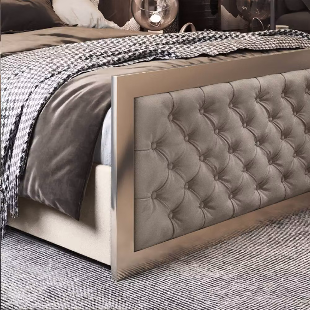 Casani Latimer Upholstered Velvet Designer Bed Frame in Beige and Black, W: 140 cm, D: 200 cm – 5
