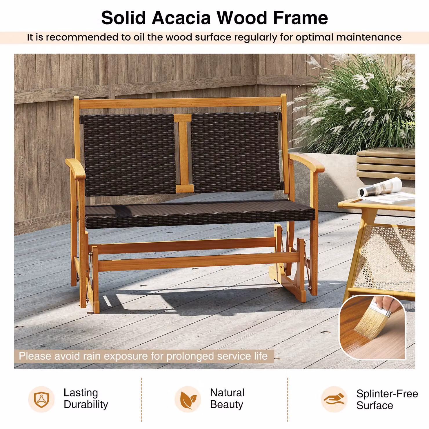 Gymax Outdoor Acacia Wood Glider Bench with Rattan Backrest in Brown – 6