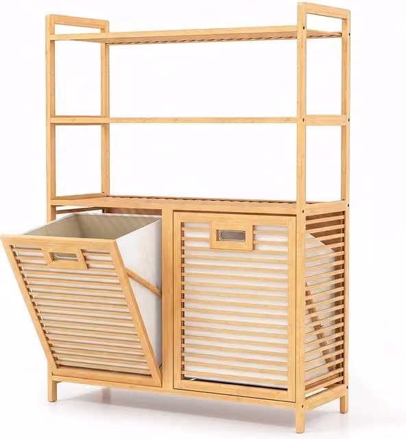 Gymax Bamboo Double Tilt Out Laundry Hamper with 3 Shelves in Beige