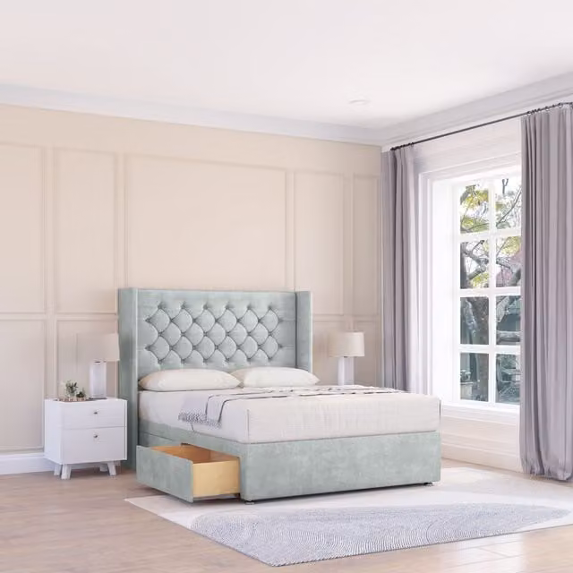 Sloomy Dior Naples Wingback Bed Set in Silver with 2 Drawers and Floor Standing Headboard, W/D/H: 120 x 200 x 122 cm
