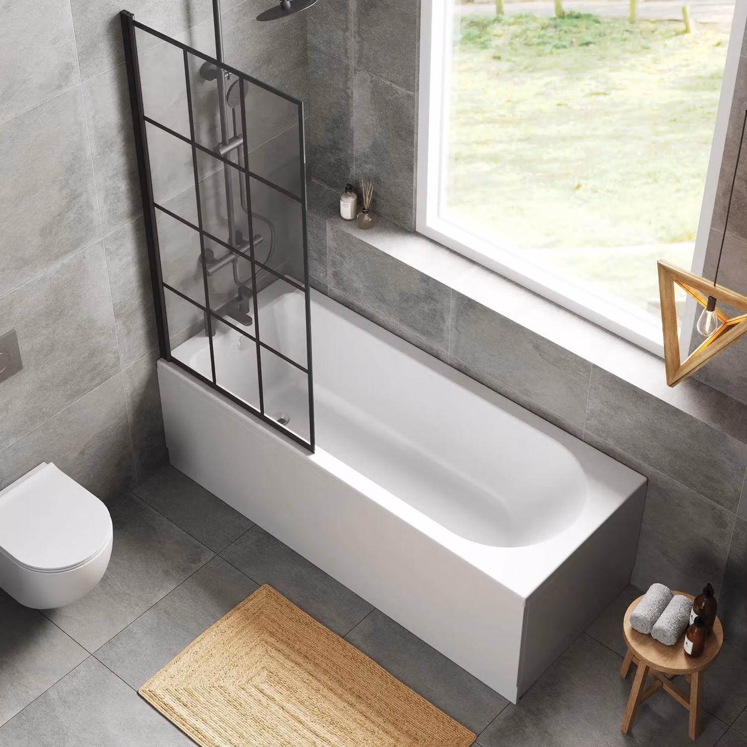 Balterley Round Floor Standing Bath Set with Black Square Screen in White, W/D/H: 170 x 70 x 2 cm – 2