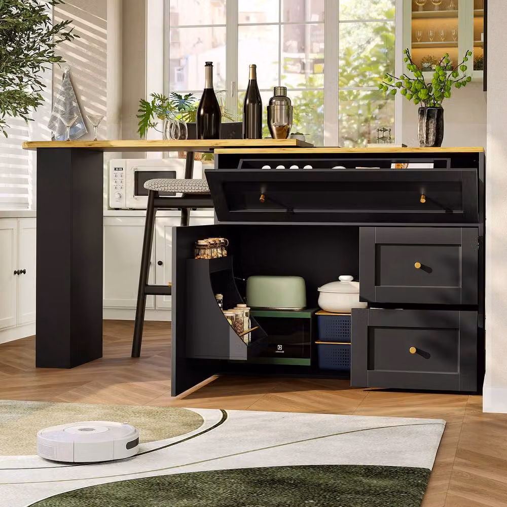 Rolipo Black Extendable Bar Table with Storage and Rotating Kitchen Island – 2