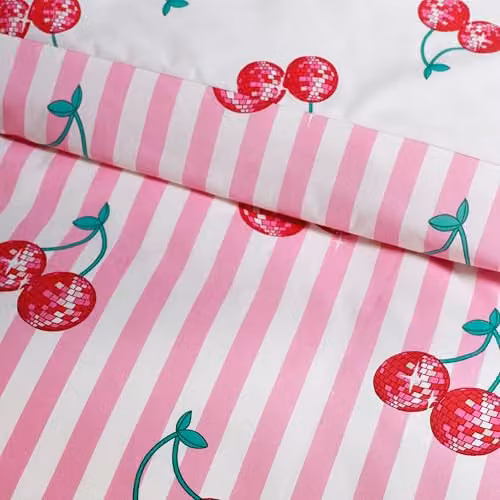 Catherine Lansfield Disco Cherries Stripes Reversible Duvet Cover and Pillowcase Set in Pink and White, W/D/H: 180 x 200 cm – 2