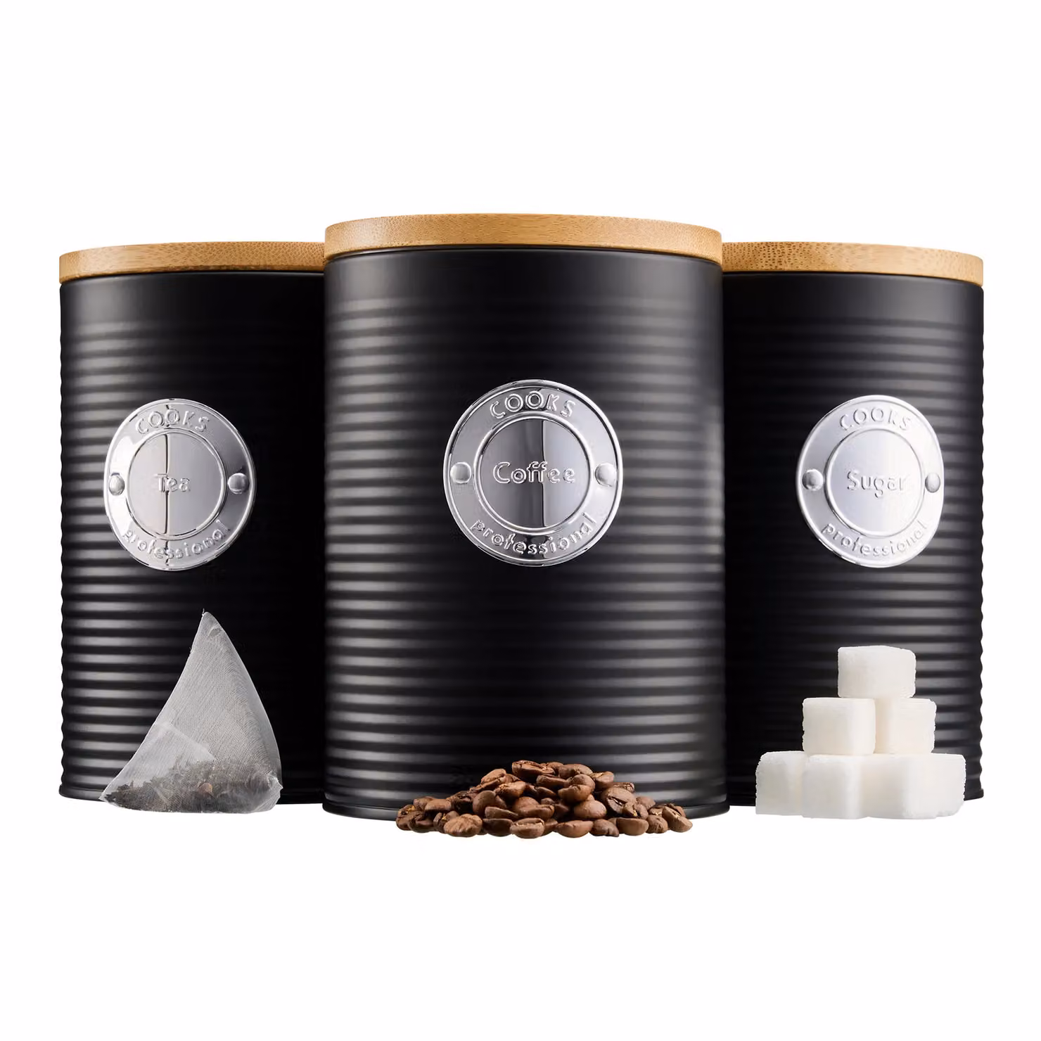 Cooks Professional 3 Piece Ribbed Tea, Coffee and Sugar Airtight Storage Canister Set with Bamboo Lids in Black and Silver – 3