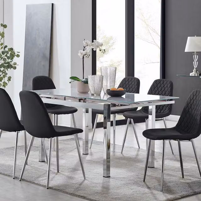 FurnitureboxUK Enna White Glass Extending Rectangular Dining Table and 6 Corona Silver Leg Chairs in Black