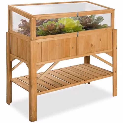 tectake Raised Garden Bed with Cold Frame and Shelf in Brown, Made of Weather-Resistant Pinewood with Polycarbonate Lid, W/D/H: 119 x 57 x 90 cm