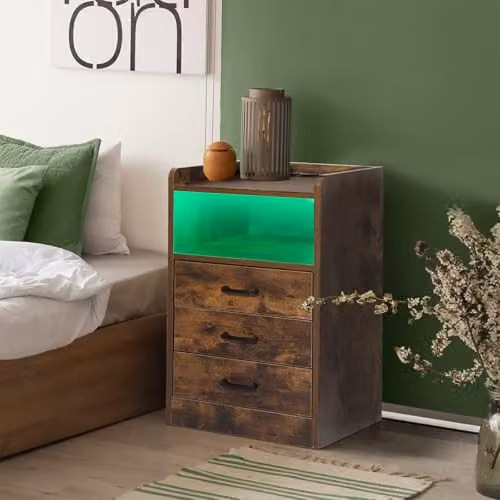 Levede Bedside Table with Charging Station and 3 Drawers, Rustic Brown with LED Lighting and USB Outlets – 2
