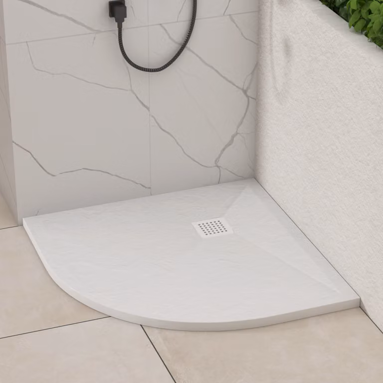 Luxor White Slate Effect Mineral Cast Corner Shower Tray with Mega Flow Waste and White Grate, W: 80 cm, D: 80 cm, H: 3 cm