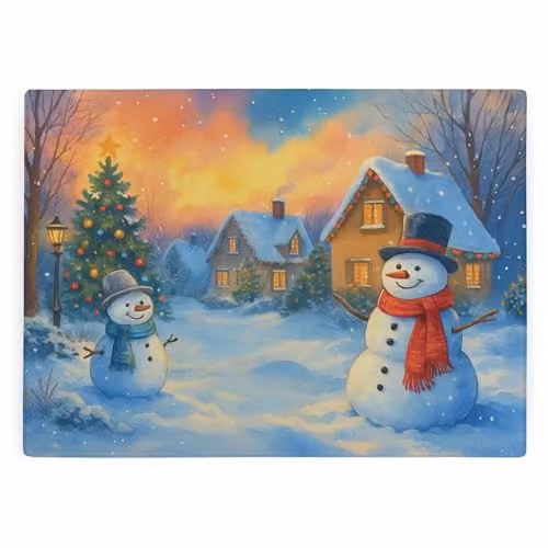 Purely Home Snowman Scene Glass Worktop Protector, Multicolour and Blue, W: 39 cm, D: 28.5 cm