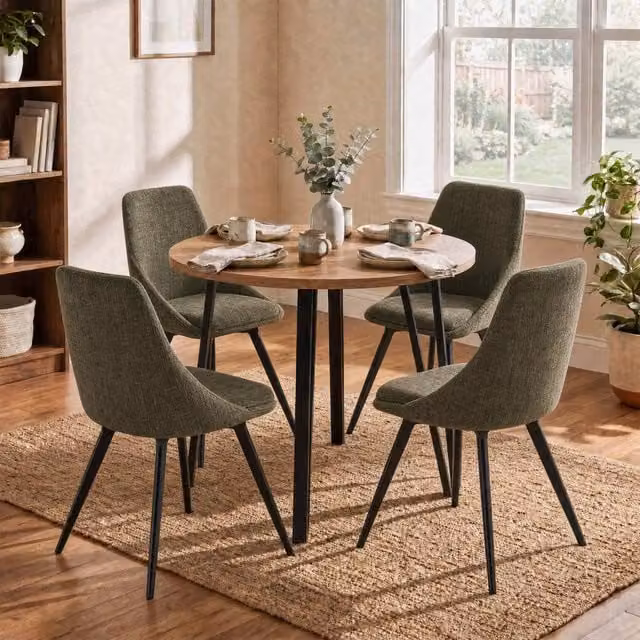 FWStyle Round Oak Dining Table Set with 4 Green Swivel Chairs in Brown, Diameter: 90 cm – 1