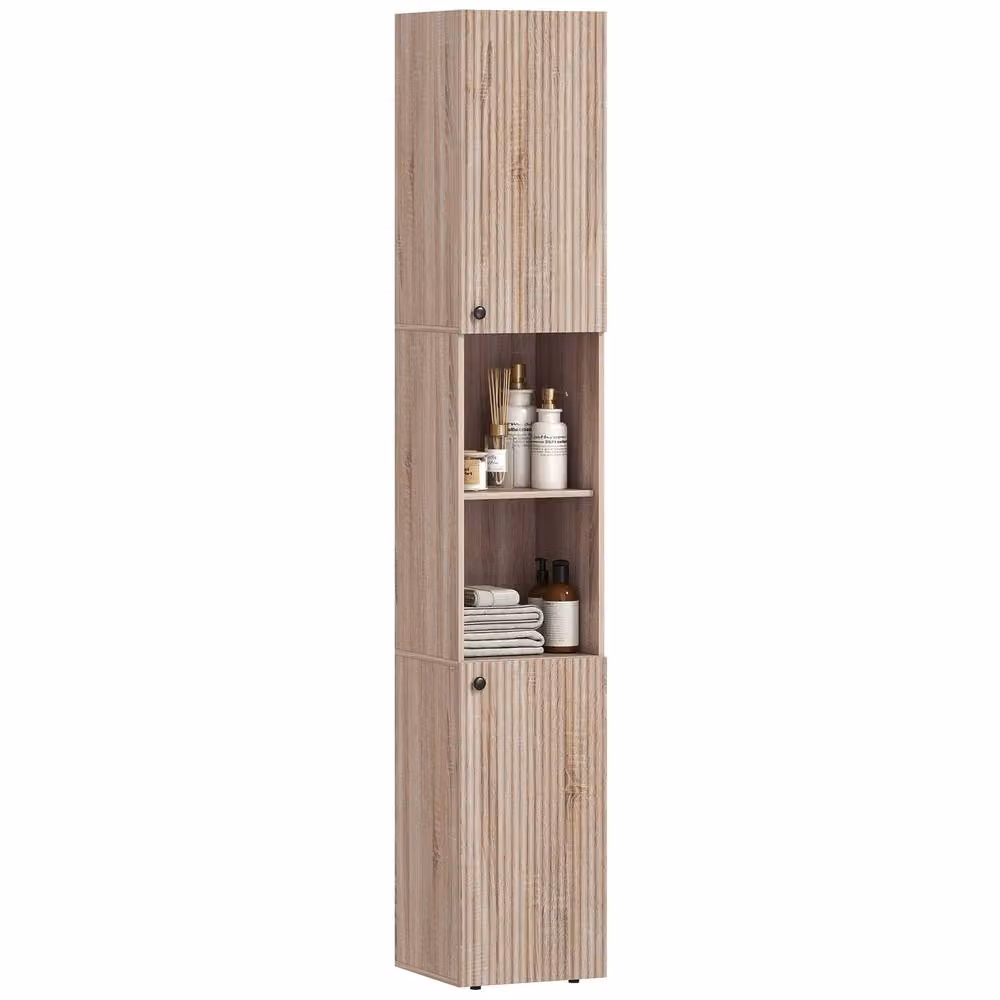HOMCOM Scandinavian Tall Bathroom Cabinet with Hinged Doors and Open Shelves, Brown, W/D/H: 30 x 31 x 182 cm – 2