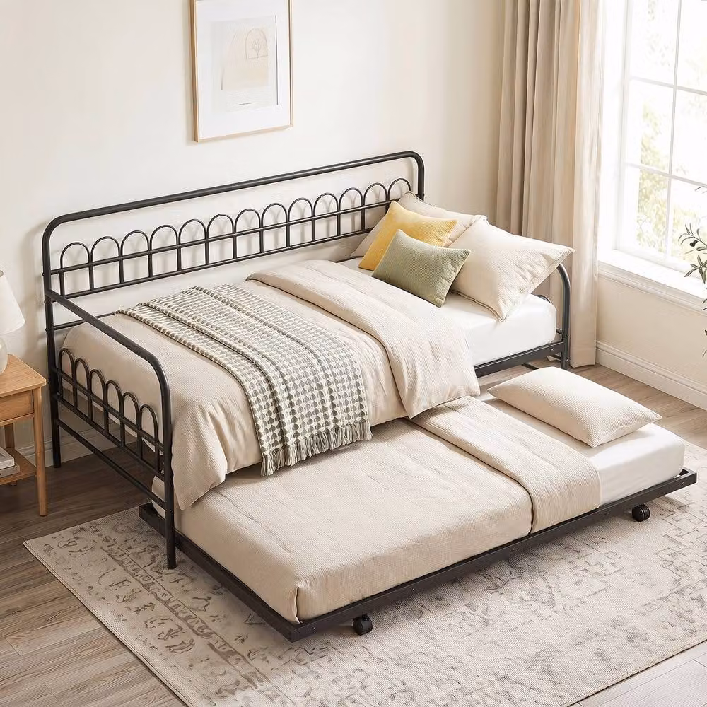 Costway Single Metal Daybed with Trundle and Curved Backrest in Black – 2