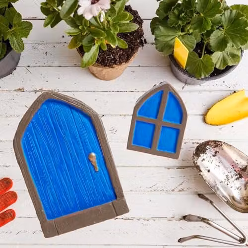 PMS Fairy Sized Blue Door and Window Miniature Set for Enchanted Gnome Gardens or Christmas Elf Scenes – 5