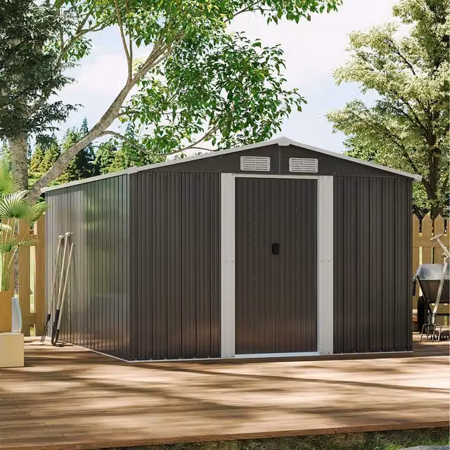 Livingandhome Black Metal Apex Gable Roof Garden Shed with 4 Plastic Roof Vents and Sliding Doors