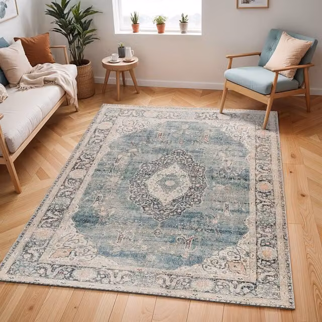 Livabliss Becki Owens Marlene Vintage Blue Grey Traditional Boho Machine Woven Living and Dining Room Rug W: 117 cm, L: 170 cm