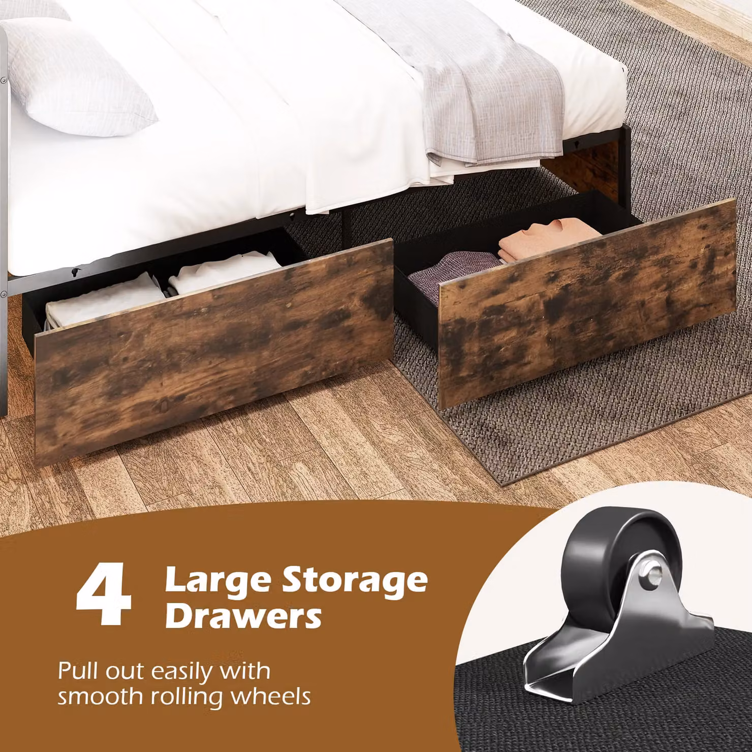 Costway Double Bed Platform Bed with LED Lights, USB Charging Ports and Drawers in Brown, W/D/H: 140 x 200 cm – 5