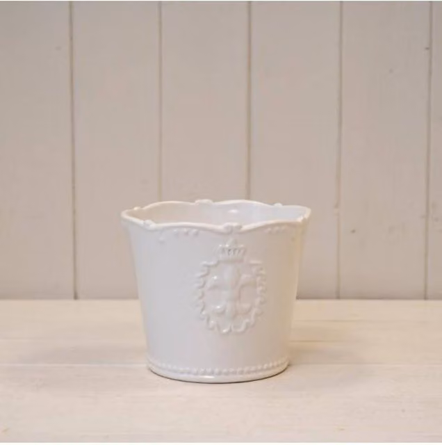 KDMD Fleur De Lis Large White Ceramic Round Tabletop Pot