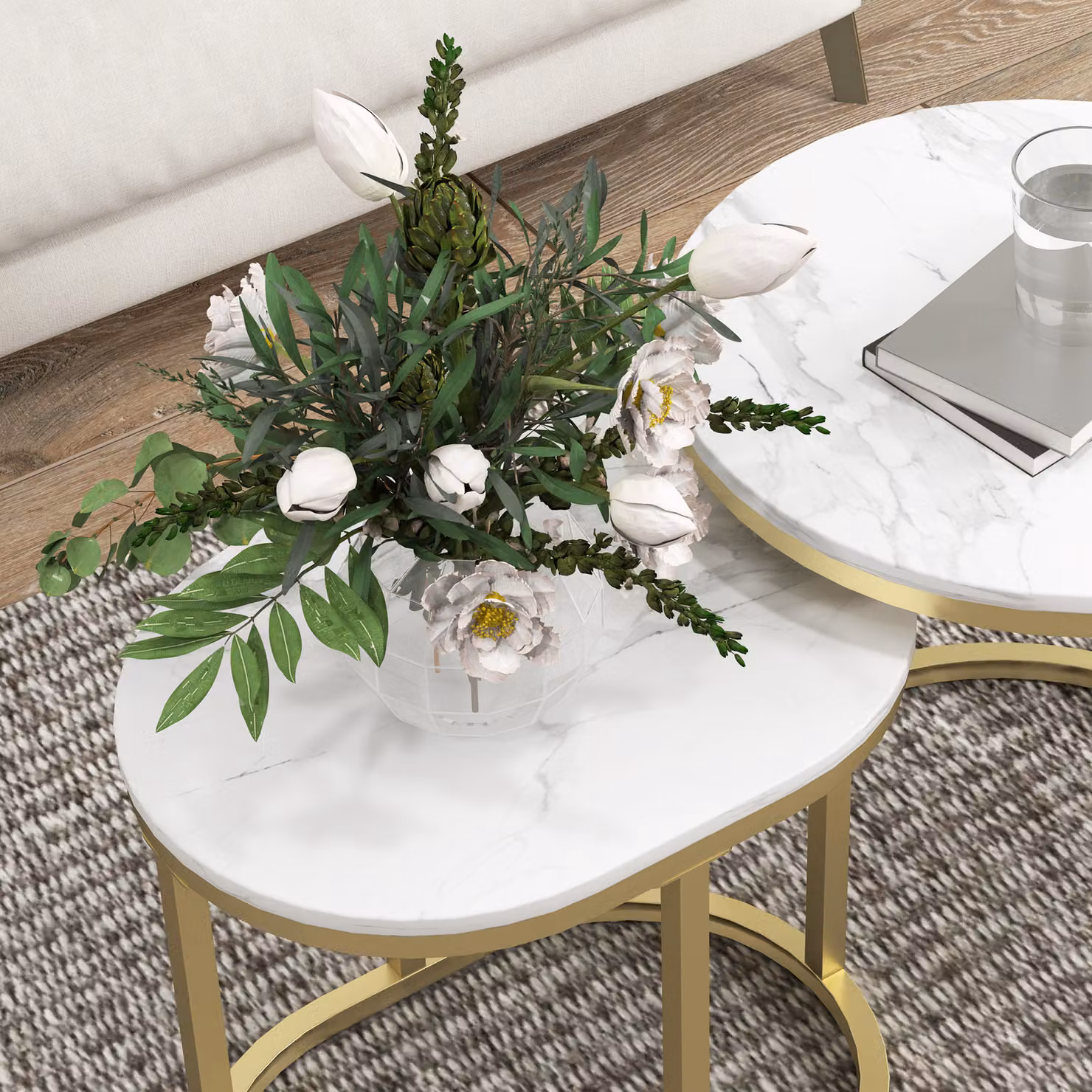 HOMCOM Marble-Effect Nest of Tables in Gold and White – 6