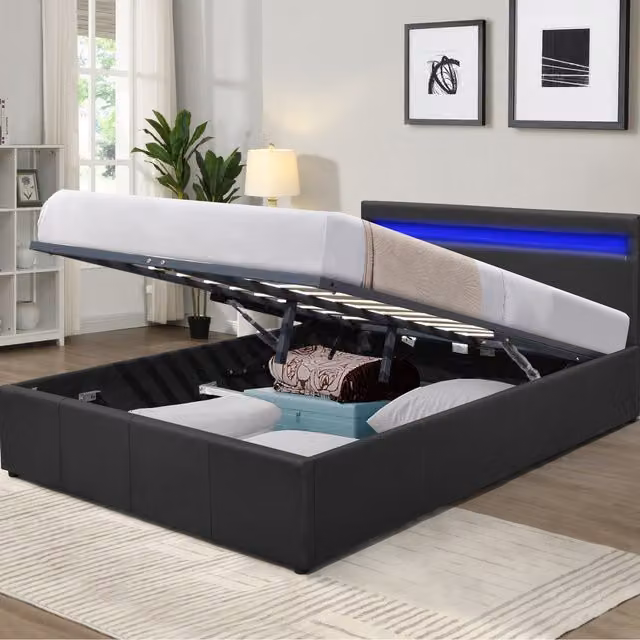 Comfy Living Modern Faux Leather Gas Lift Ottoman Bed Frame with LED Under-Bed Lighting, Black, W/D: 140 x 200 cm