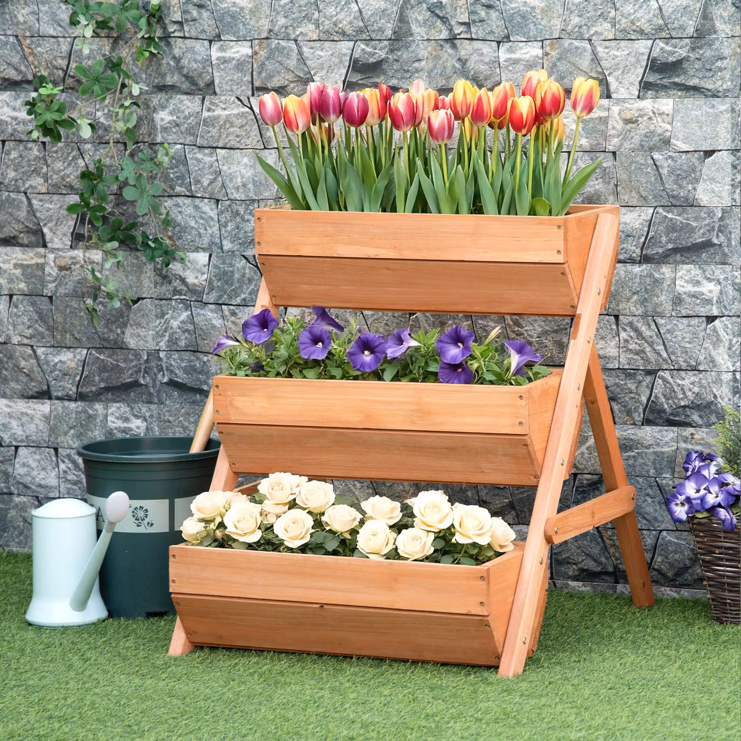Outsunny 3 Tier Wooden Raised Flower Bed and Elevated Planter for Vegetables, Herbs and Flowers, Brown, W: 65 cm, D: 75 cm, H: 78 cm – 2