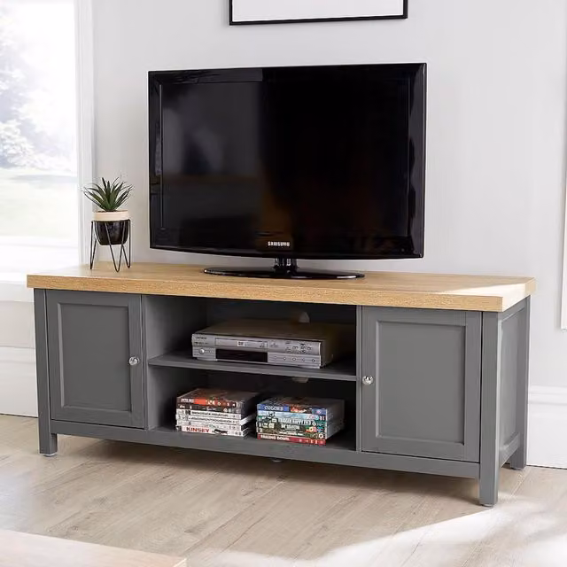 Avon Modern 2 Door TV Stand Storage Unit with 36mm Oak Effect Top in Graphite Grey