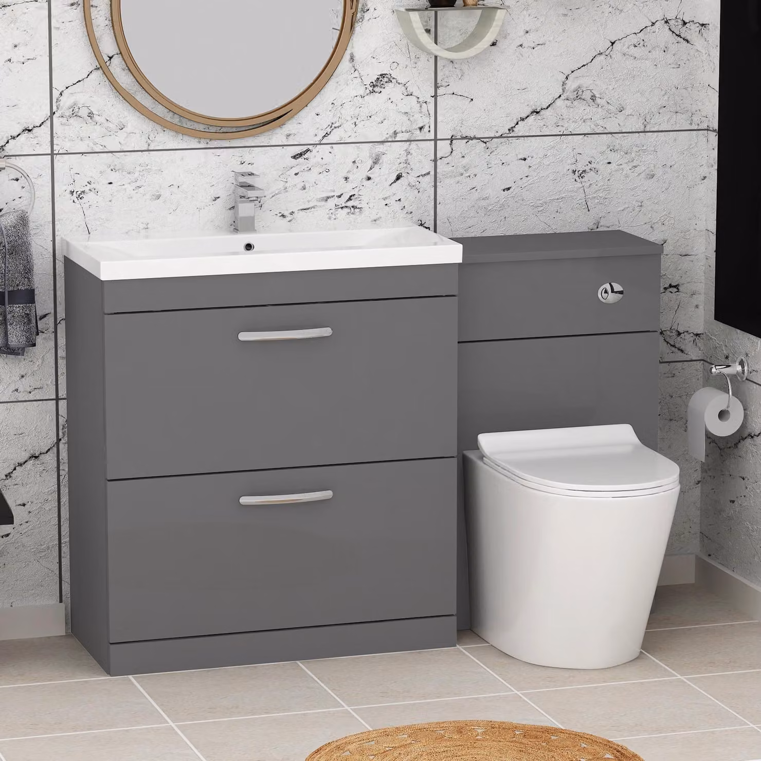 Royal Bathrooms Modern Turin 1300mm Indigo Grey Gloss 2-Drawer Mid-Edge Basin and Cesar Back to Wall Toilet Pack