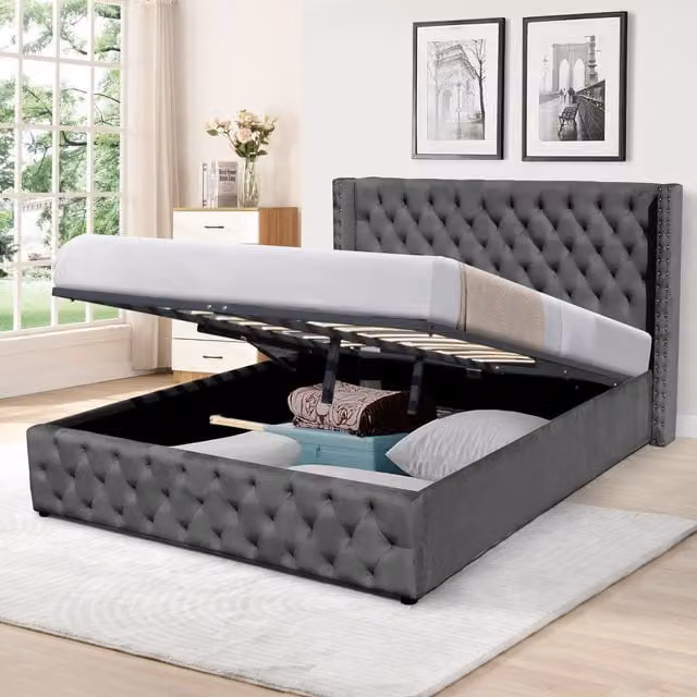 Comfy Living Silver Grey Velvet Chesterfield Storage Bed Frame with Lift Up Base, W/D/H: 140 x 200 cm