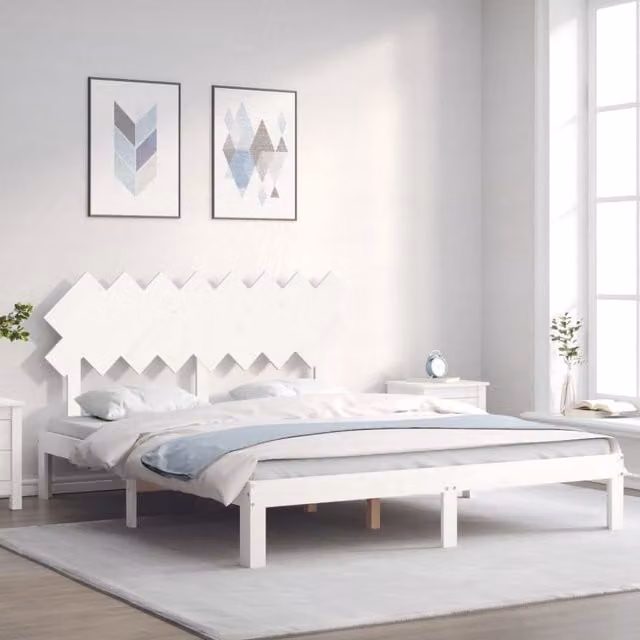 Berkfield Home Solid Wood Bed Frame with Headboard in White, 160 x 200 cm – 1
