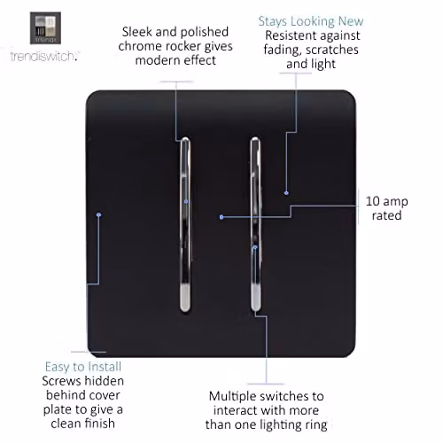 Trendi 2 Gang 3 Way Intermediate 10 Amp Rocker Light Switch in Matt Black – 3