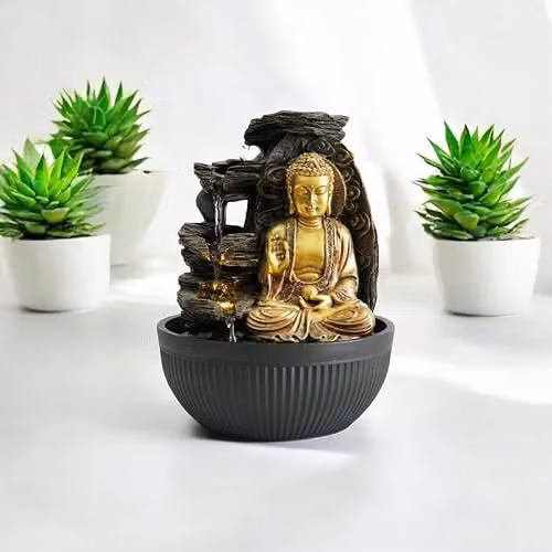 Buttercup Farm Minster Table-Top Ceramic Indoor Fountain with LED Light, Gold and Multicolour, W/D/H: 21 x 21 x 25 cm – 1