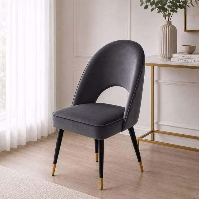 Stratus Interiors Astra Dining Chair in Grey Fabric and Synthetic Leather with Gold-Tipped Wooden Legs – 1