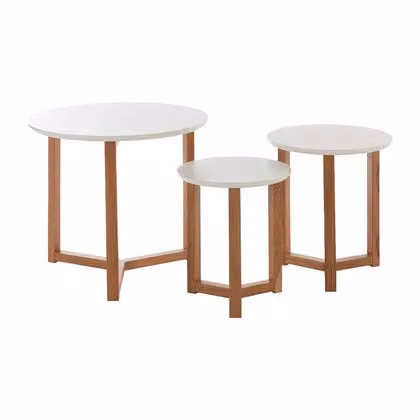 Premier Housewares Nest of 3 Round Oak Wood Side Tables in White and Natural, W/D/H: 50 x 50 x 42 cm