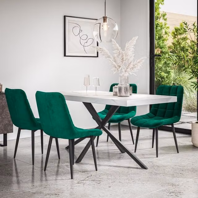 More4Homes Donni Dining Table and Nova Green Velvet Chair Set, White Marble Effect Top with Black Legs, W/D/H: 160 x 80 x 76 cm