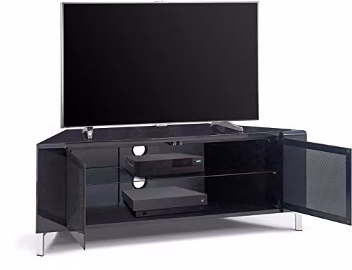 MDA Designs CORVUS Gloss Black Contemporary Corner-Friendly TV Cabinet with BeamThru Glass Doors, W/D/H: 120 x 45 x 48 cm – 4