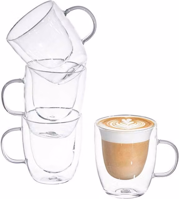 Eden & Willow Set of 4 Double Walled Glass Coffee Mugs, Transparent, Height: 10.5 cm